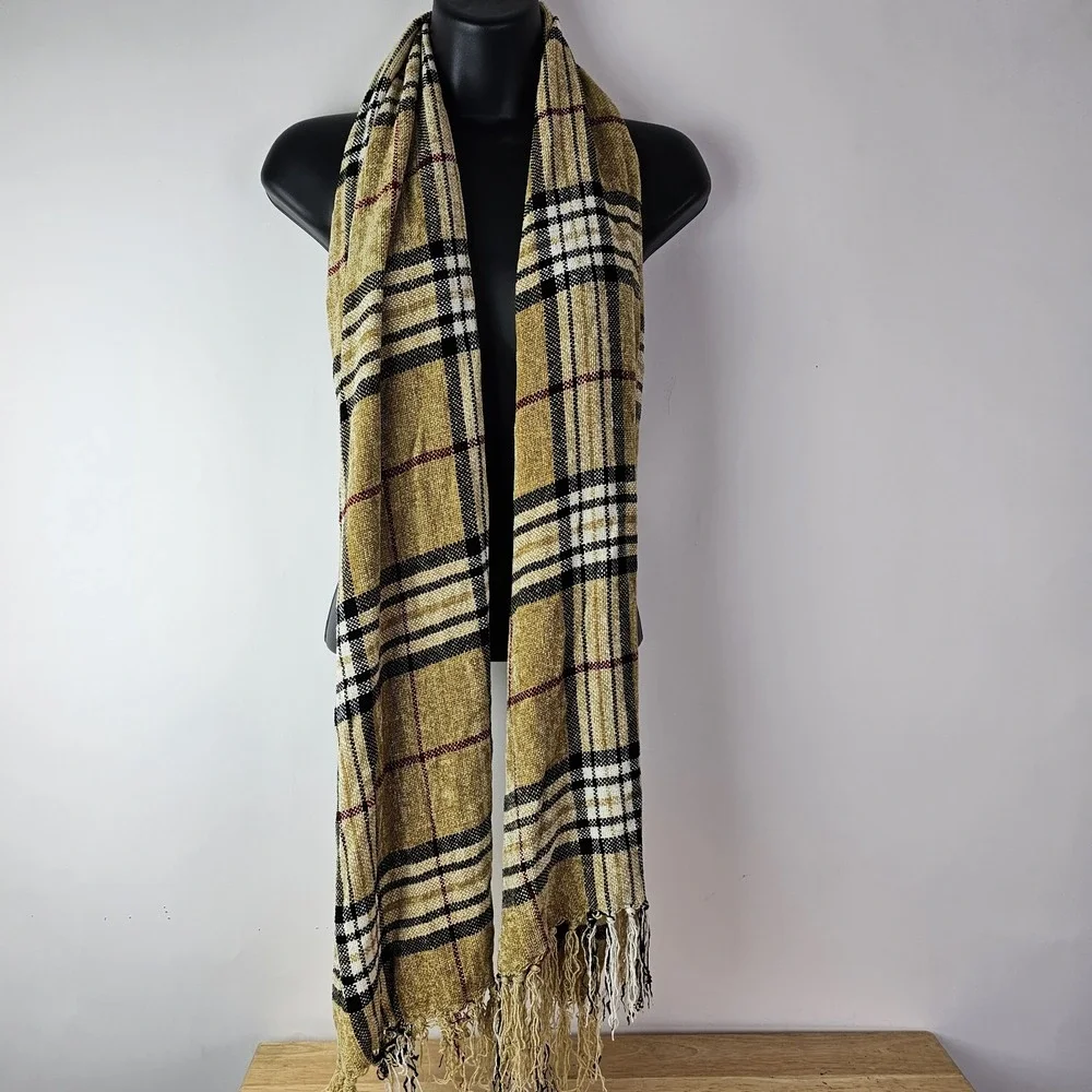 Nova Check Womens One Size Scarf Tan Velvet Plaid Rectangle Soft Classic‎ Wrap